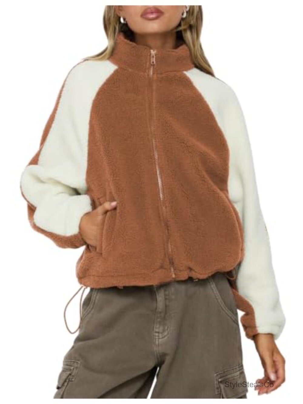 Sherpa Fleece Jacket Zip Up Color Block Warm Coat